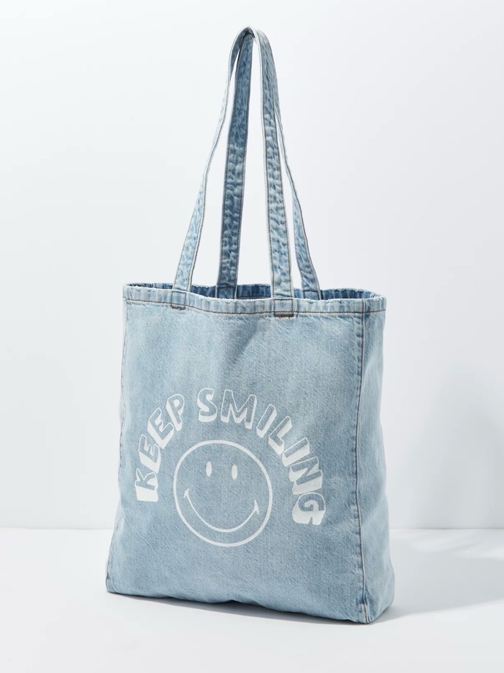 American Eagle Smiley Denim Tote Bag Keep Smiling Graphic Blue Jean Shopper
